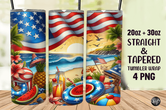 4th of July Beach Tumbler Wrap 20oz PNG Graphics