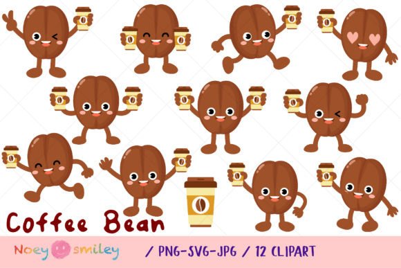 Funny Coffee Bean Holding Coffee Cup Graphics & Illustrations